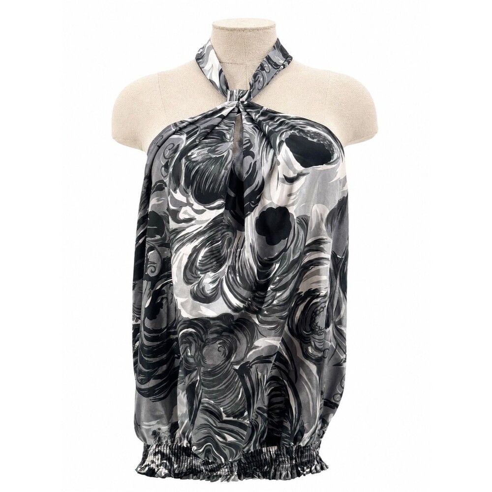 Cato Gray Abstract Satin Halter Tank Top Blouse Size Medium Y2k Style Long